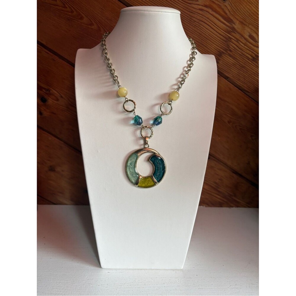 Vintage Teal, Green & Yellow Moon Pendant Necklace